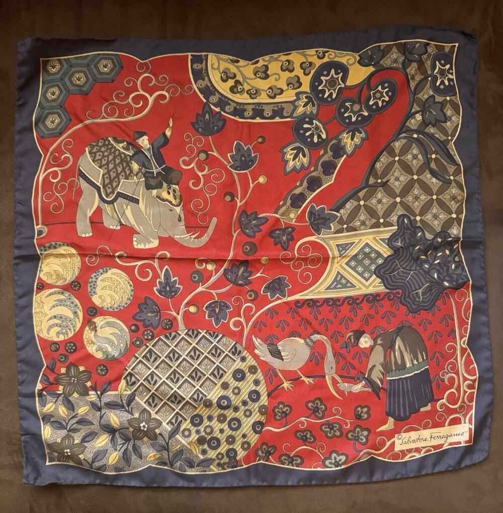 Vintage Salvatore Ferragamo Silk Scarf Oriental Inspired With Elephant Scenes